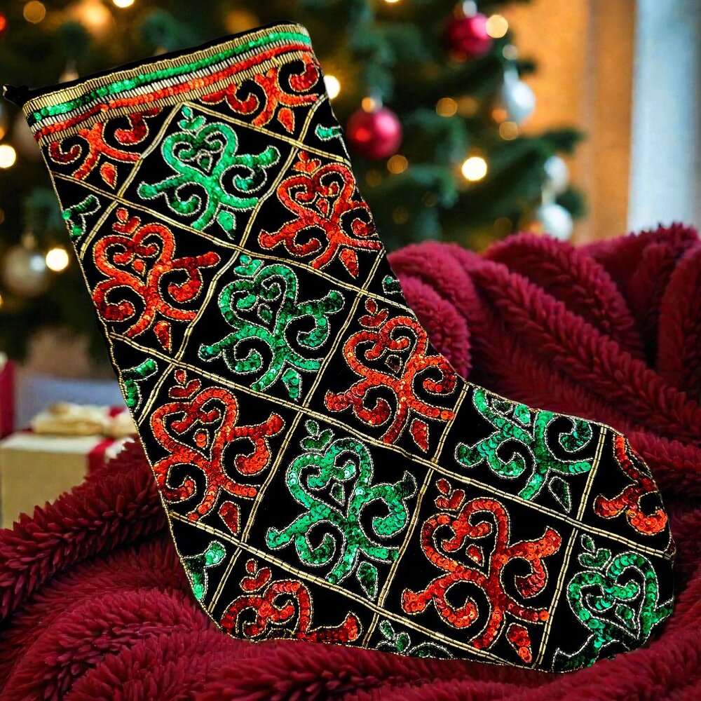 Vintage Christmas Stocking Bling Bling Red and Green Sequin Women Holiday Decor